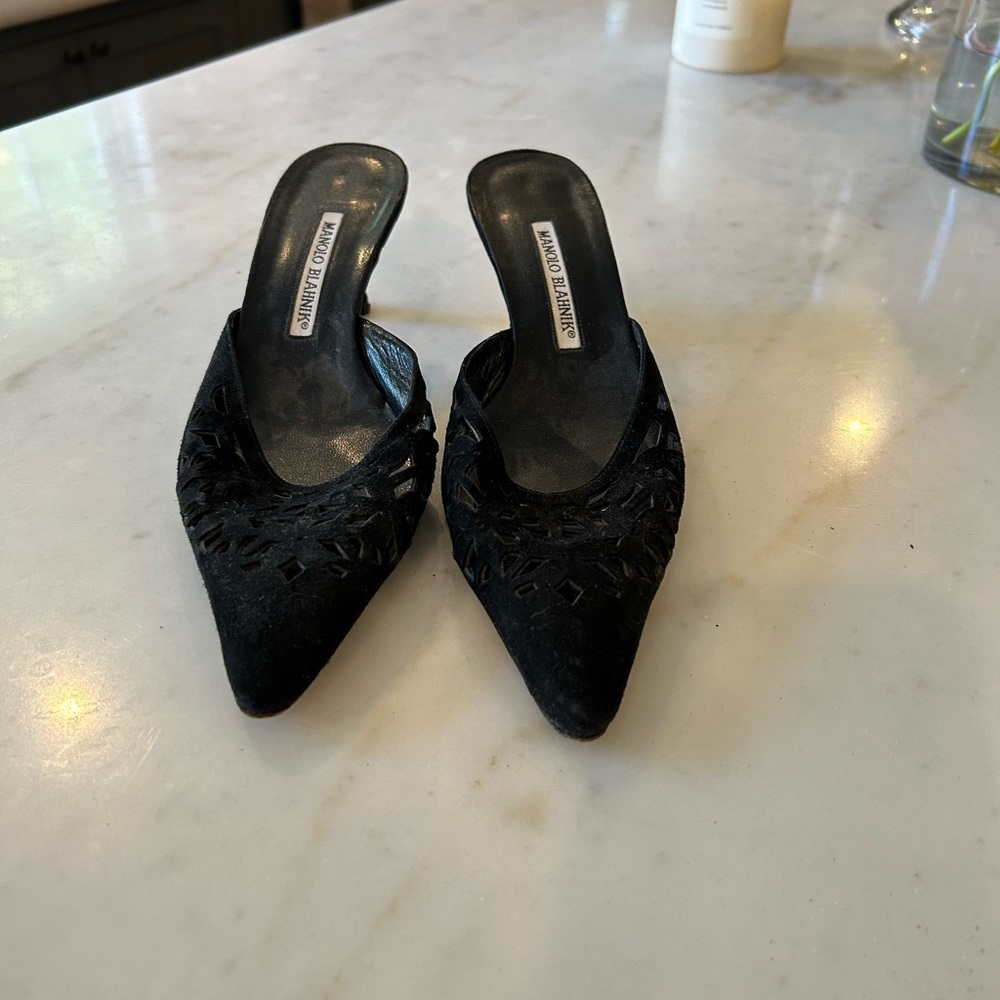 Manolo Blahnik black suede mules- slightly worn size 8.5